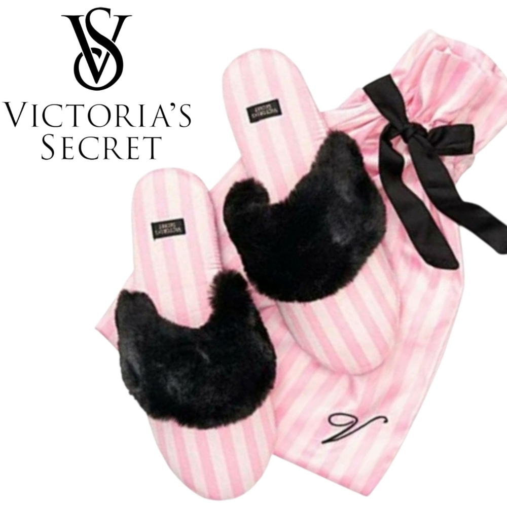 Victoria Secrets Pink & White Heritage Stripe Satin+Faux Fur Slippers+travel Bag